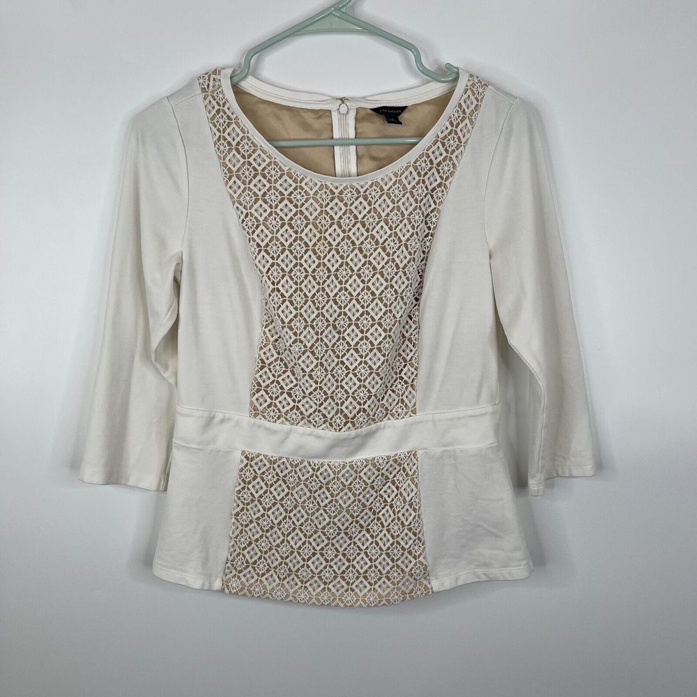 Ann Taylor Womens Top Size S 3/4 Sleeve Crochet Overlay Tan White